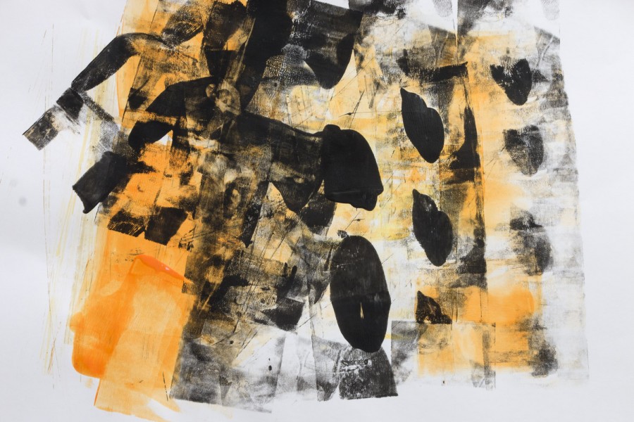 Abstract painting made with vertical and diagonal thick lines of the black and orange painting, and some scattered rounded shapes in the middle area of the painting