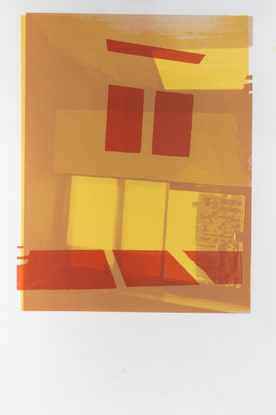 Abstract paint with red, yellow, and brown rectangles.