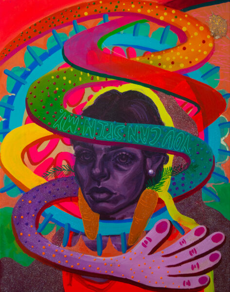 Bright acrylic painting on canvas depicting a woman's face in a deep purple and black hue. There are swirling colors of blues, greens, oranges, and yellows surrounding the figure's head. There is text visible in the painting that says, "You can spin my...". The text is outlined and is displayed upside down.