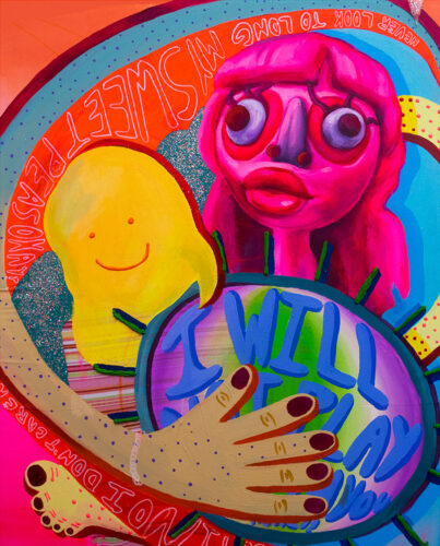 Bright acrylic painting with swirling texts with hands and feet. The style is cartoonish and warped. Text aspect is covered, but "I will...play...you..." is visible to the viewer.