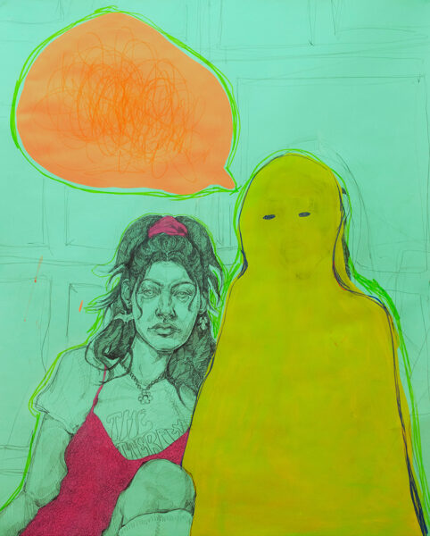 Graphite and acrylic painting on canvas depicting a seated woman next to a amorphous form with eyes. The amorphous form has an orange speech bubble which graphic static or scribble is visible.