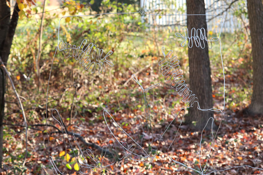 A drawing in bent wire suspended over fallen leaves in front of trees and plants.