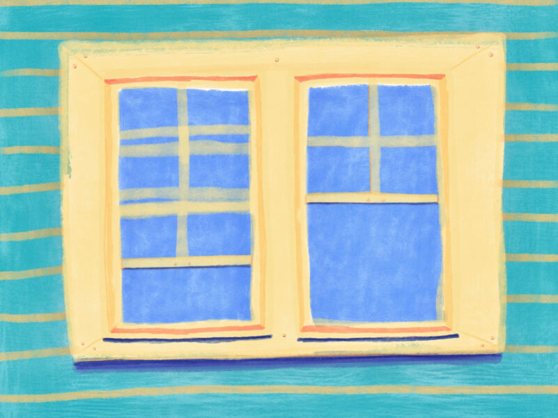 Painting of a window with a blue sky and yellow and green striped walls.