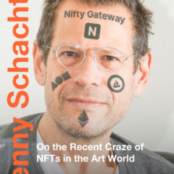 A photograph of artist, writer and critic, Kenny Schachter. The photograph is a headshot of Kenny with digital tattoo-like images and text across his face. The text on his forehead says the words, "Nifty Gateway".