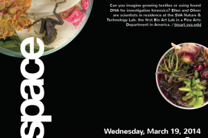 An advertisement for Genspace at School of Visual arts, BFA Fine Arts Department, 335W 16 St., NYC, room 302, on Wednesday, March 19, 2014. The poster shows two rounded shaped recipients with organic materials and plants in them on a plain black background