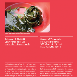 An advertisement for a conference at the School of Visual Arts titled, Molecular Cuisine: The Politics of Taste. The conference is held on October 19 - 21, 2012. The poster is red and features a photograph by Suzanne Anker titled, Sea Rose.