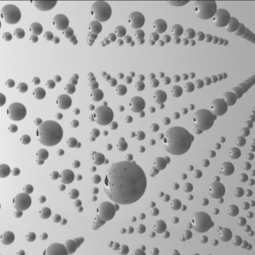 A digital rendering of silver reflective spheres hanging in the air against a grey background. The spheres are lined in rows.