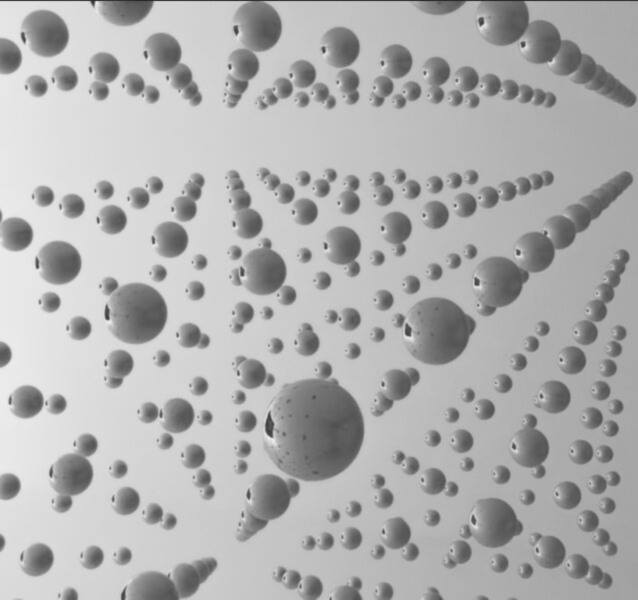 A digital rendering of silver reflective spheres hanging in the air against a grey background. The spheres are lined in rows.