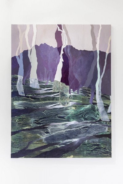 There is a view of a painting of a landscape with purple, white, and different shades of green.