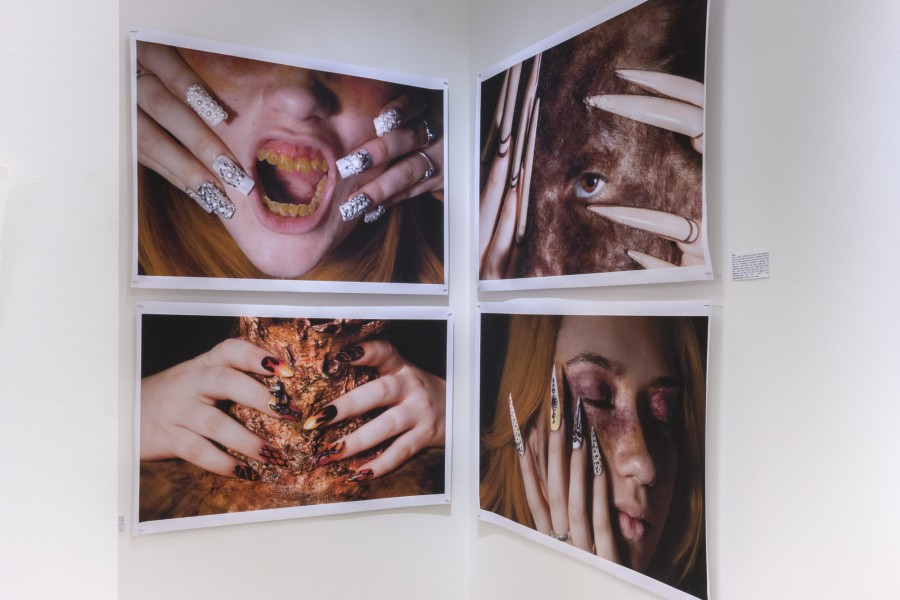 An array of portraits showing hands, nails, neck, mouth, and eyes.