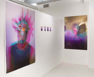 Installation view of two big stereoscopic prints and four smaller stereoscopic prints placed between those two big ones.