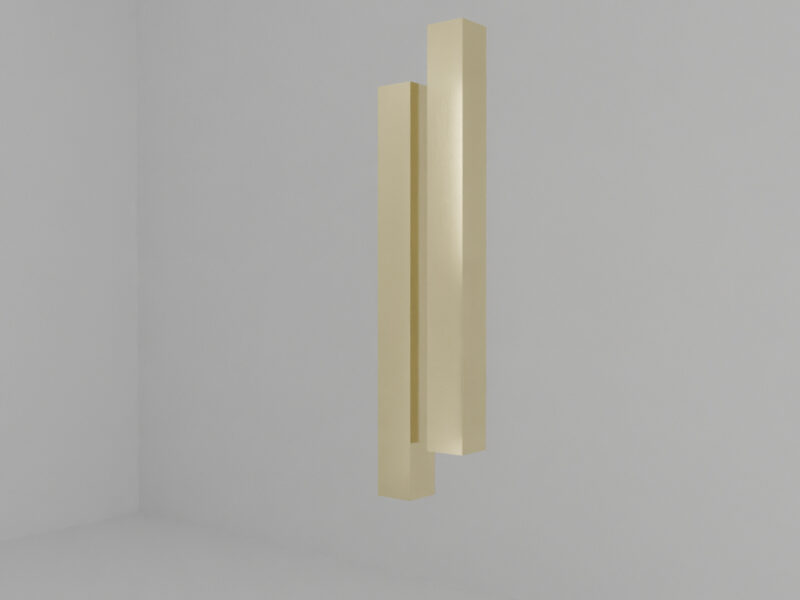 Digital rendering of a white gallery space with two rectangular brass bars centered near the rear wall. They are floating without any support and one is slightly higher than the other