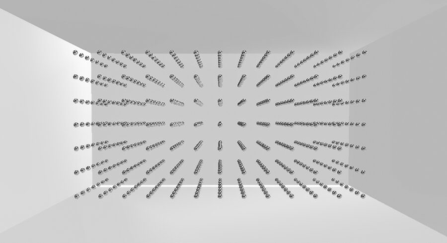 Digital renderig of a white gallery space containing different sized metal spheres in arranged in geometric patterns