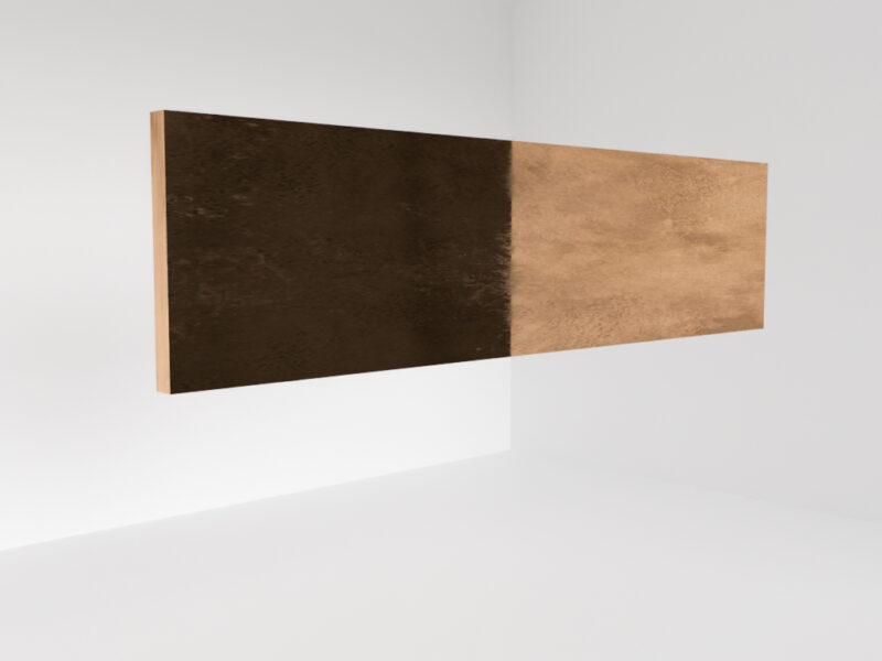 Digital rendering of a rectangular copper sheet measuring 100cm by 50cm floating mid-air in a white gallery space. The surface of the copper is mildly scratched.
