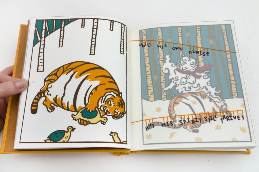 A boof opened to two pages illustrating a fat tiger eating a duck while it lies on one side, and on the next page, the spirit of the tiger rises, and a text says "UNTIL HIS OWN DEMISE" on the top part of the page, and "BUT HIS SPIRIT STILL THRIVES" on the bottom part of the page
