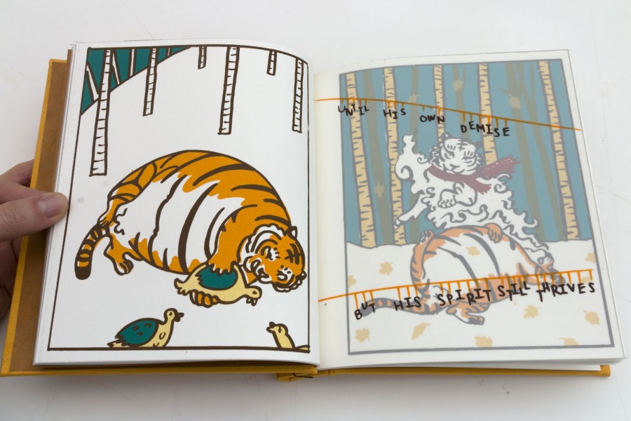 A book opened to two pages illustrating a fat tiger eating a duck while it lies on one side, and on the next page, the spirit of the tiger rises, and a text says "UNTIL HIS OWN DEMISE" on the top part of the page, and "BUT HIS SPIRIT STILL THRIVES" on the bottom part of the page