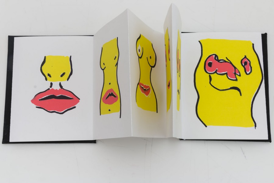 A brochure representing red lips, and yellow body parts of a female body
