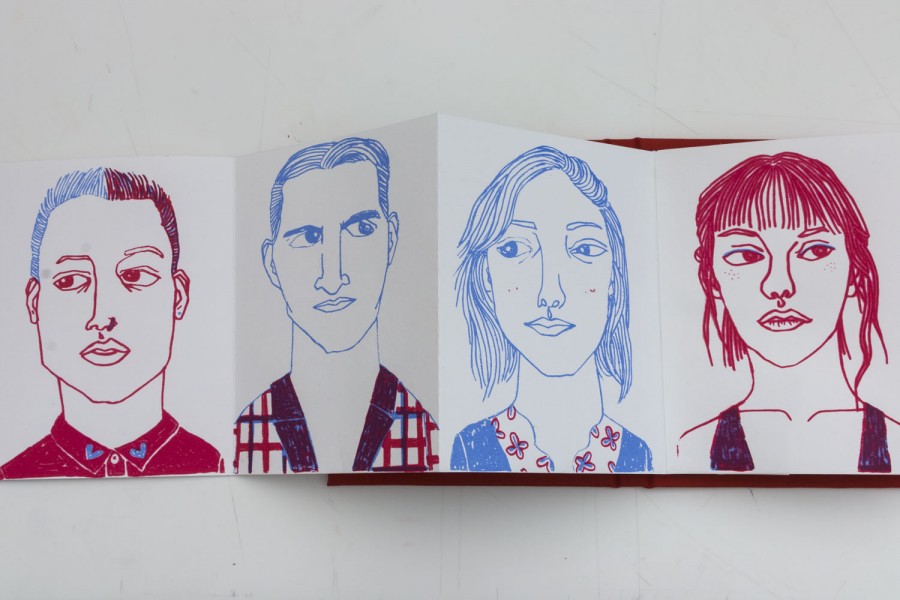 A brochure  made on white paper with red and blue pencil portrait drawings of two men looking left and right and two women looking left and right