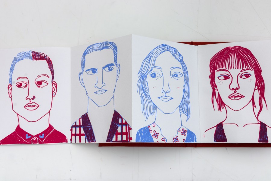 A brochure made on white paper with red and blue pencil portrait drawings of two men looking left and right and two women looking left and right