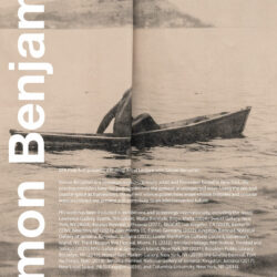 A Poster advertisement for a lecture with Simon Benjamin. The poster shows a detail of a black and white silkscreen image of a person in a boat in the middle of the water. The canvas is folded down the center. The poster shows the event text information and the school logo in white across the poster.
