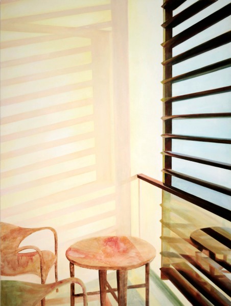 A view of an acrylic painting of a table with two chairs on the lower-left corner and a big windows on the right side. The windows has a louver on it, and the shining sun through the windows cast shadows of the louver on the background wall.