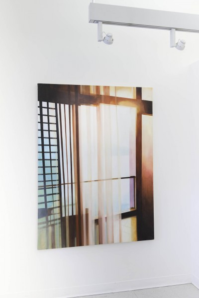 A distant view of an acrylic painting of a window with sun shining in the top right corner of the window through the transparent curtain
