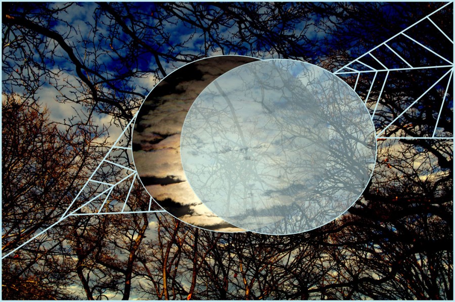 A sky view through three branches of trees without leaves, diagonal white lines are drawn on the left and right side and two overlapping circles in the middle, one with an image of a cloudy sky and one with a transparent white color, slightly offset from the first circle.
