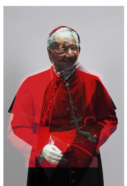 A double exposure image of a pope dressed in red. In the first exposure, the pope is looking forward, and in the second, he is looking to the right