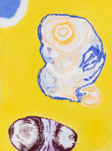 A painting by Sueun Lee depicting three abstract forms on a yellow background.