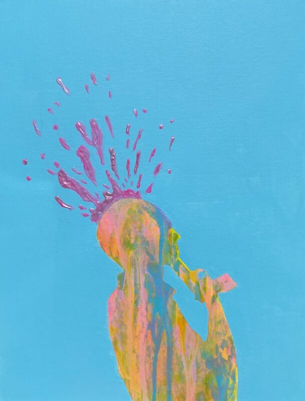 Painting of a rainbow man commuting suicide with a gun against a blue background.