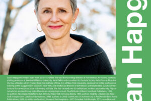 A poster advertisement for a lecture with Susan Hapgood. The poster shows the lecture date and bio of Hapgood in white text. In the center-left is a headshot of Hapgood. Hapgood smiles and looks at the camera. She is wearing a black sweater and round hoop earrings.