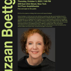 A poster advertisement for a lecture with Suzaan Boettger. The poster is black with green text. On the bottom is an image of Suzaan. Suzaan is wearing a grey and black checkered sweater and is smiling at the camera.