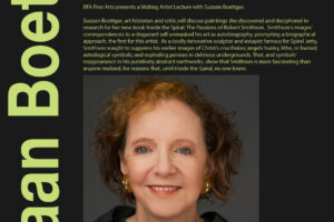 A poster advertisement for a lecture with Suzaan Boettger. The poster is black with green text. On the bottom is an image of Suzaan. Suzaan is wearing a grey and black checkered sweater and is smiling at the camera.