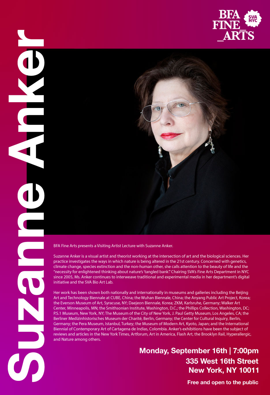 A poster for a lecture with Suzanne Anker. The poster shows a headshot of Suzanne against a black background on a red poster. Suzanne's bio is printed below along with the event date text and information.