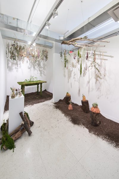 Artwork by Sydney Kaye. Installation including a table covered in moss, soil floor, dried plants hanging from the ceiling, dried plants hanging from a tree branch, multiple ceramic sculptures with plants protruding from the top placed on logs sitting in soil, and a pedestal with glass vases.