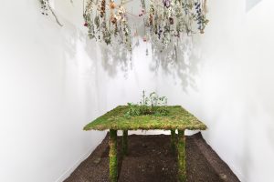 Artwork by Sydney Kaye. Installation including a table covered in moss, soil floor, and dried plants hanging from the ceiling.