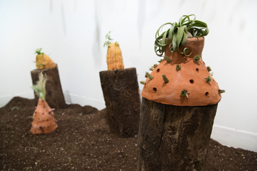 Artwork by Sydney Kaye. Installation view of three sculptures placed in soil. Multiple clay structures with plants protruding from them placed on logs.