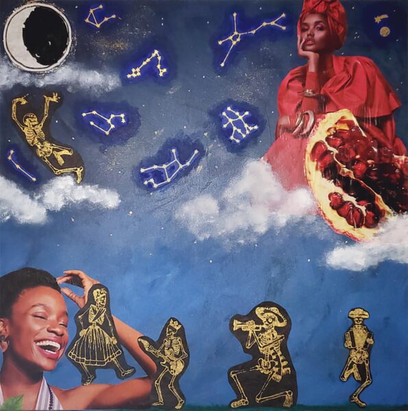 A collage by Sylrica Jack Kidd made of paper and acrylic on wood. Two female figures, various dancing skeletons, and an open pomegranate are collaged onto a night sky with constellations.