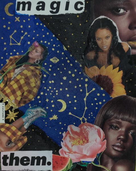 A collage by Sylrica Jack Kidd made of paper and acrylic on wood. Various figures are collaged onto a painted background of stars. The word "Magic" is collaged at the top and "them" at the bottom.