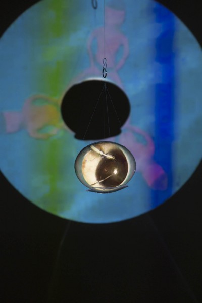 Close view of an organic rounded ball shape suspended in the ait with transparent line. An image with three pink figures on a blue background is projected over the ball, casting a shadow in the middle of the image and making the pink to gravitated in a circle around the ball shadow