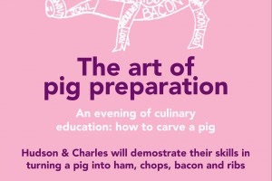 An advertisement for an exhibition at the School of Visual Arts Fine Arts building, room 302, titled The art of pig preparation. The exhibition is on view from November 12, 2014, starting at 3 pm.