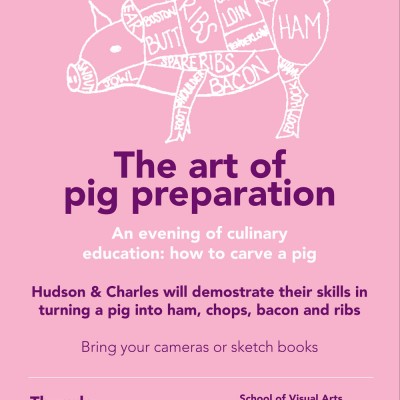 An advertisement for an exhibition at the School of Visual Arts Fine Arts building, room 302, titled The art of pig preparation. The exhibition is on view from November 12, 2014, starting at 3 pm.