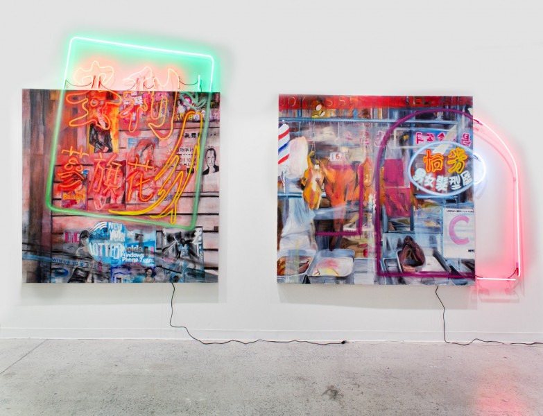 Installation view of two paintings on the wall, and the left side painting has a green neon sign with Chinese text in red, and the right side painting has a red neon sign on it.