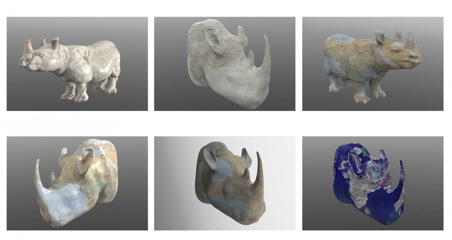 Six images of a 3d model rhino in white, beige and light blue, and dark blue. Four images represent only the head of the rhino from different angles.