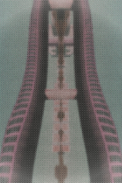 A symmetrical digital collage featuring abstracted architectural elements and printed on matte paper with an exaggerated halftone dot pattern.