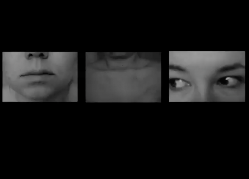 An array of three black and white photographs, first representing a part of the nouse and a closed mouth, second represents the collar bone and neck, and the last represents the eyes looking to the left side