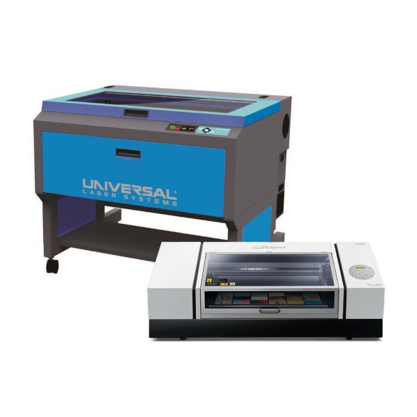 A photograph of the laser engraving machine and the UV printing machines that are available at the school facilities. The machines have been edited so that they are visually place next to each other and the background is cropped out. The background is white.