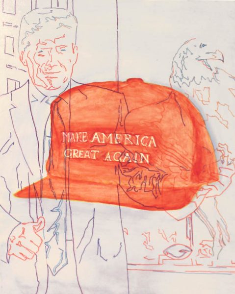 A blue and red contour lines drawing of President Obama with his thumb up and an eagle next to it, and on top is draw in solid orange color a full cap hat with the message 