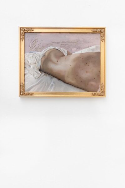 Painting by Valeria Pezo of a nude figure's back on a bed.