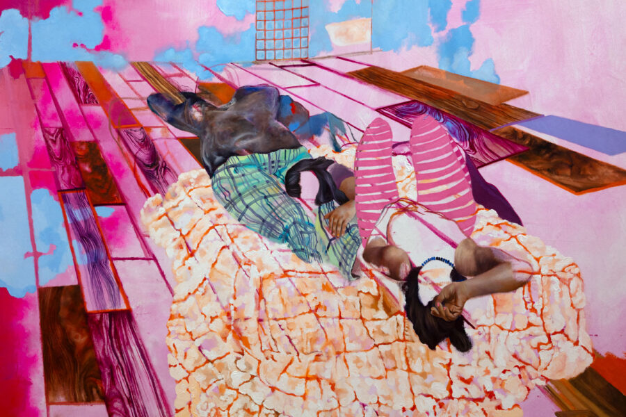 A colorful painting by Veronica Fernandez showing figures lying on a bed and surrounded by wood floorboards.